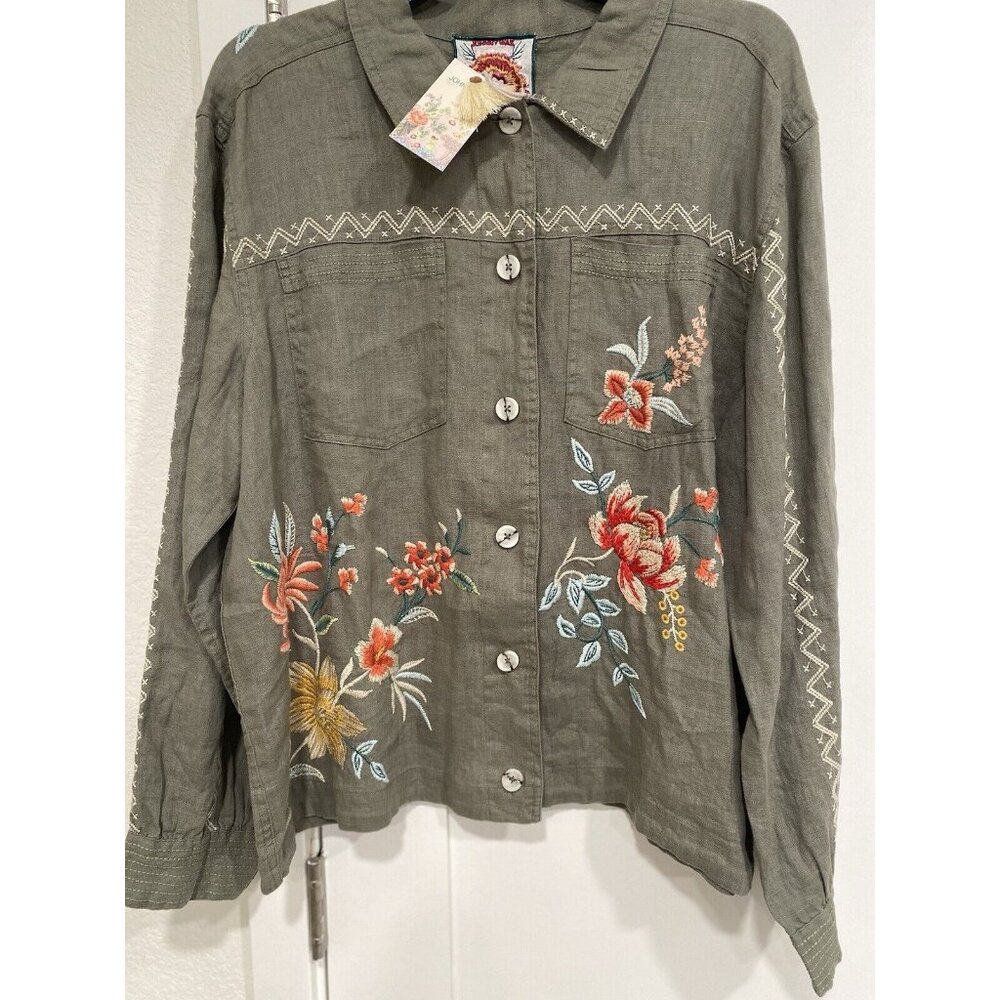 Johnny Was Jacket Large 100 Linen Embroidery NWT $255 Boho Floral Tiger